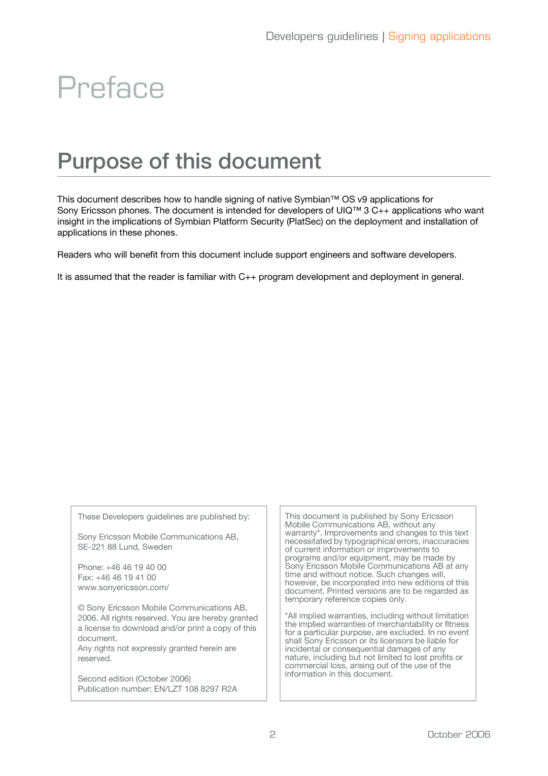 Sony Ericsson UIQ 3 manual Preface, Purpose of this document 