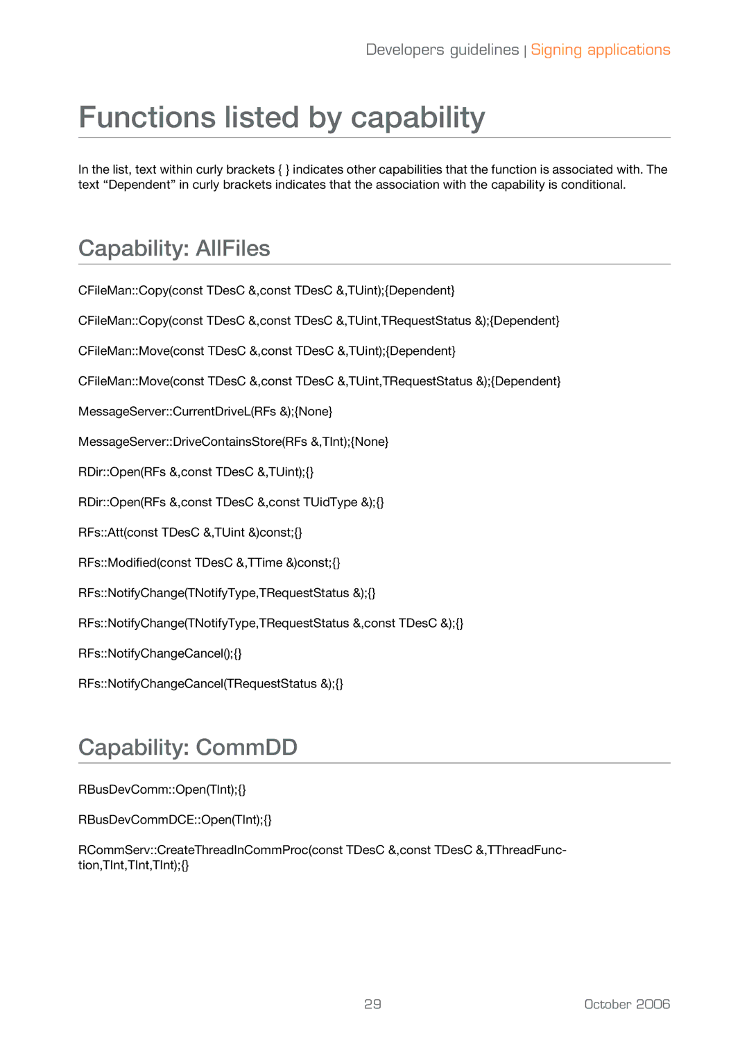 Sony Ericsson UIQ 3 manual Functions listed by capability, Capability AllFiles, Capability CommDD 