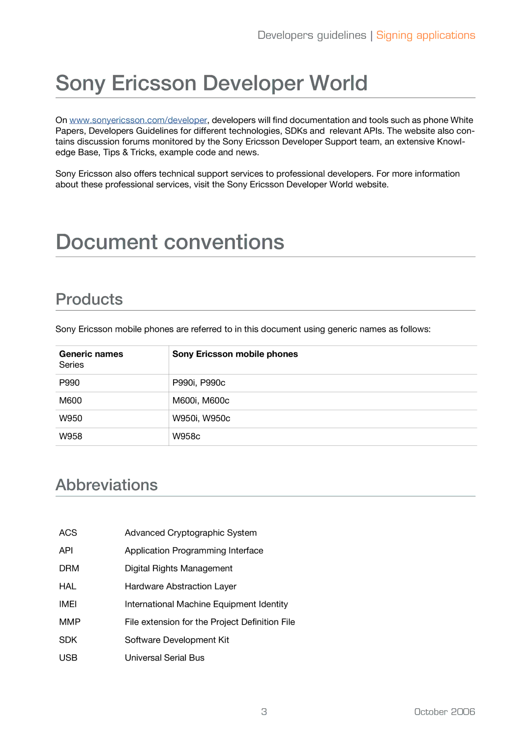 Sony Ericsson UIQ 3 manual Sony Ericsson Developer World, Document conventions, Products, Abbreviations 