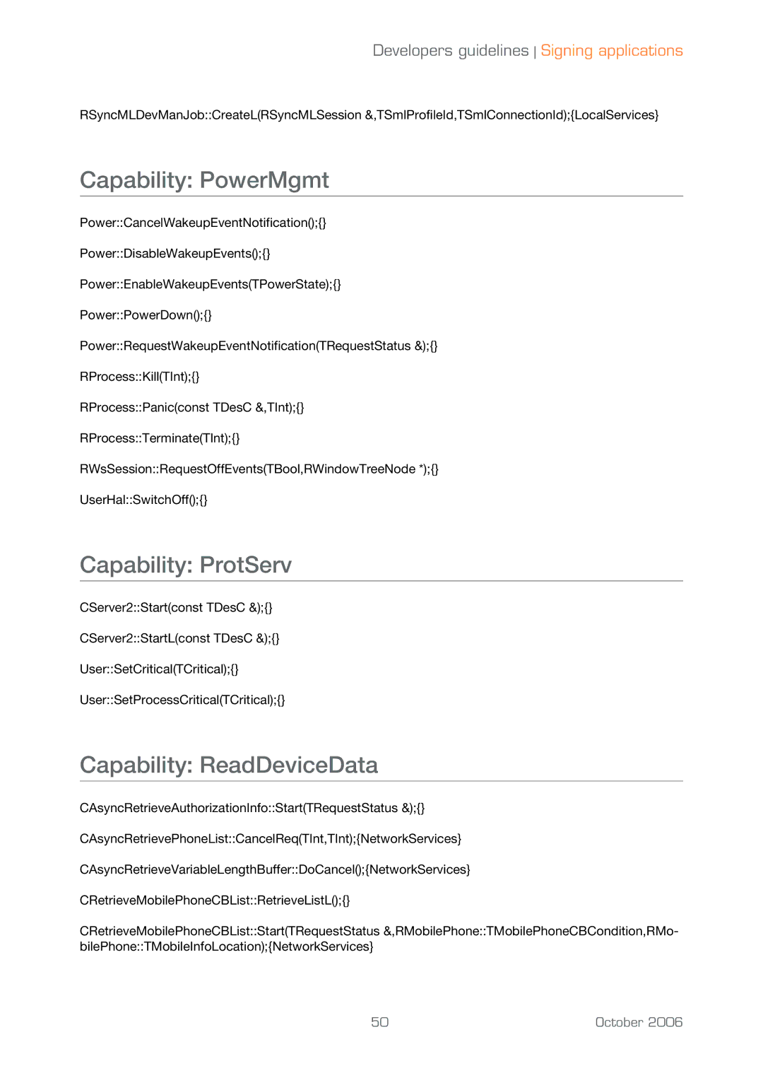 Sony Ericsson UIQ 3 manual Capability PowerMgmt, Capability ProtServ, Capability ReadDeviceData 