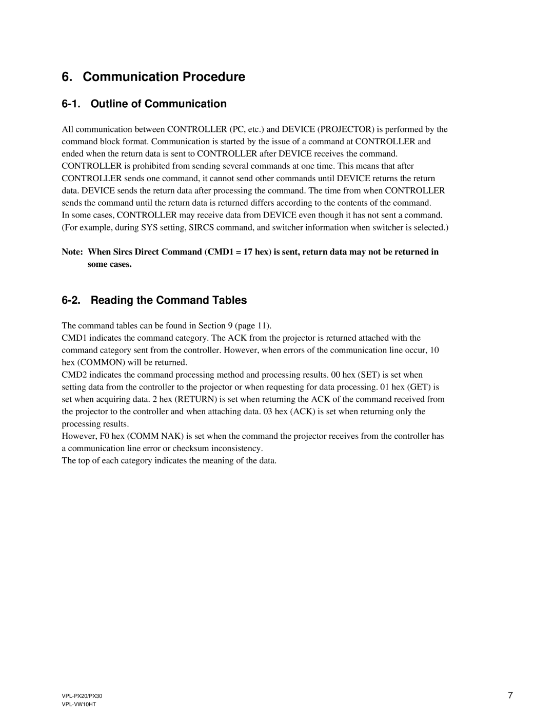 Sony Ericsson VPL-PX30 manual Communication Procedure, Outline of Communication 