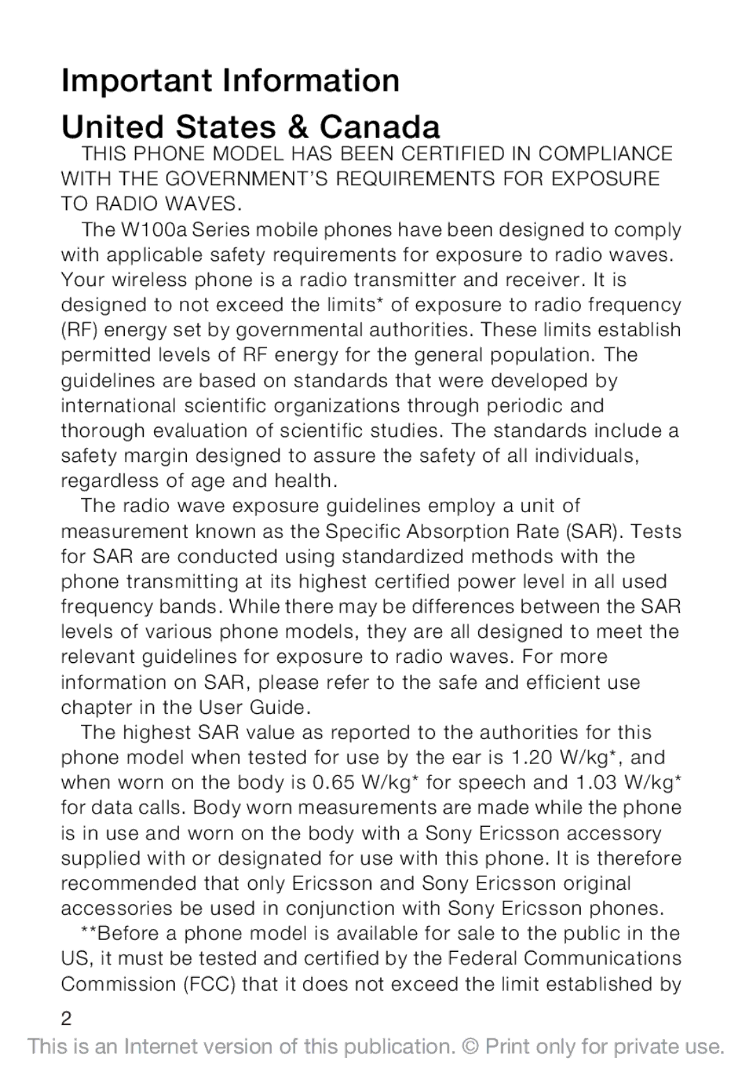 Sony Ericsson W100i manual Important Information United States & Canada 