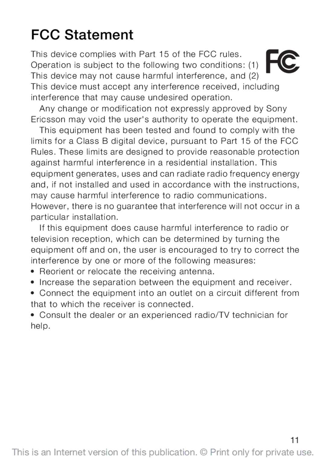 Sony Ericsson W100i manual FCC Statement 