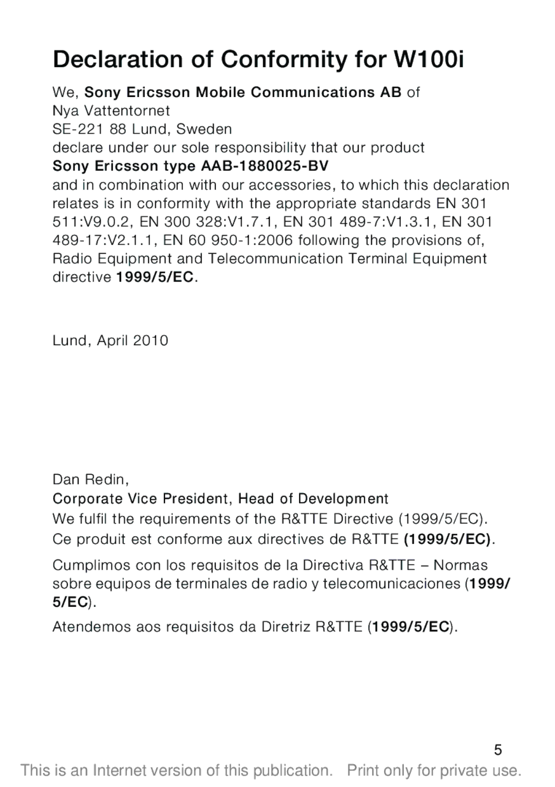 Sony Ericsson manual Declaration of Conformity for W100i 