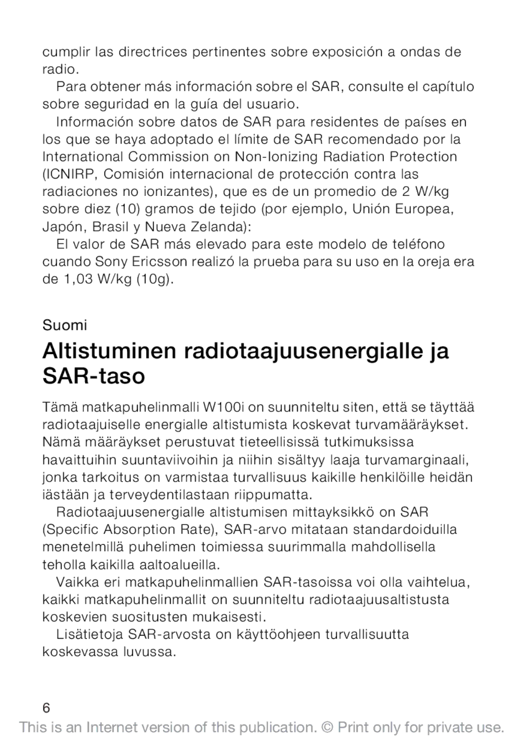 Sony Ericsson W100i manual Altistuminen radiotaajuusenergialle ja SAR-taso 