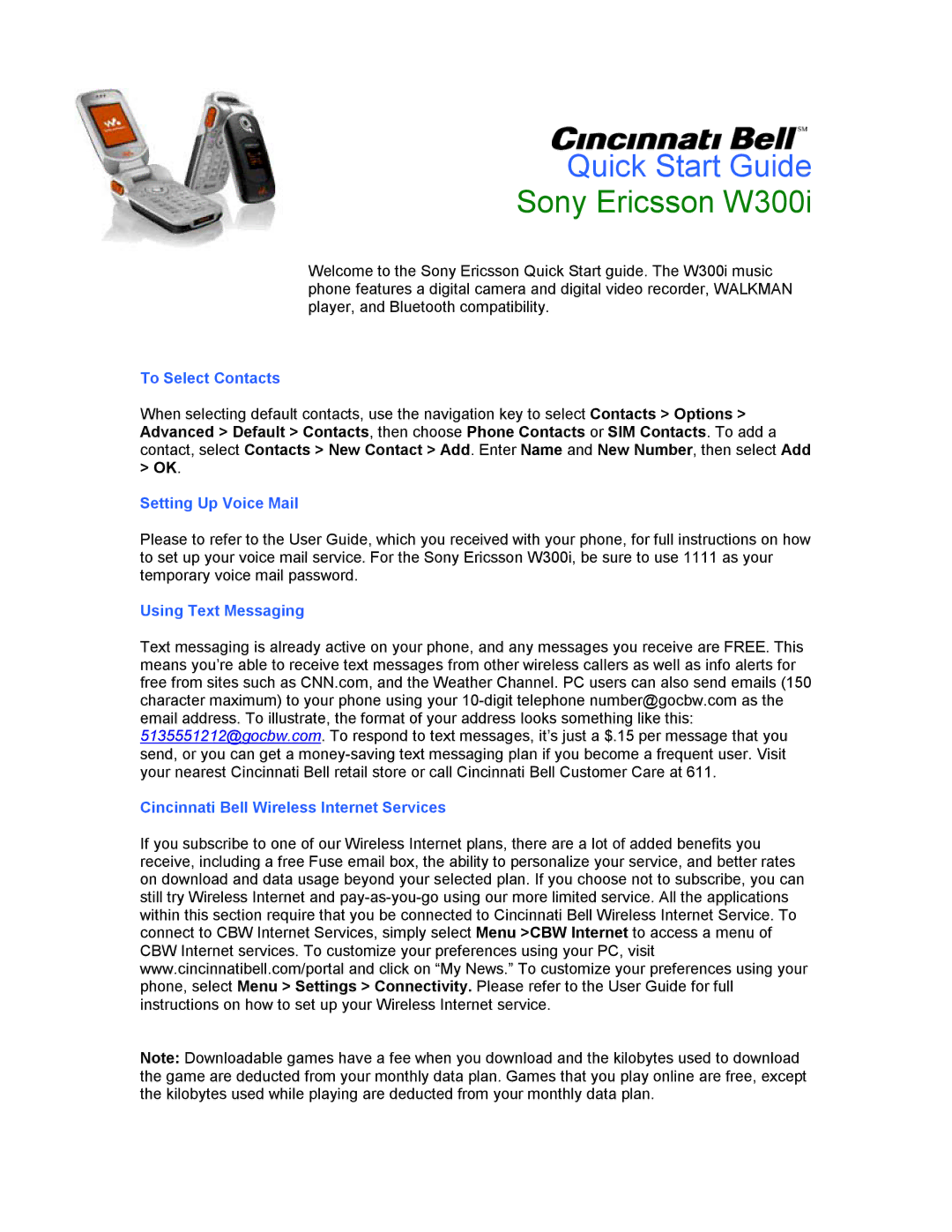 Sony Ericsson quick start Quick Start Guide, Sony Ericsson W300i, To Select Contacts, Setting Up Voice Mail 