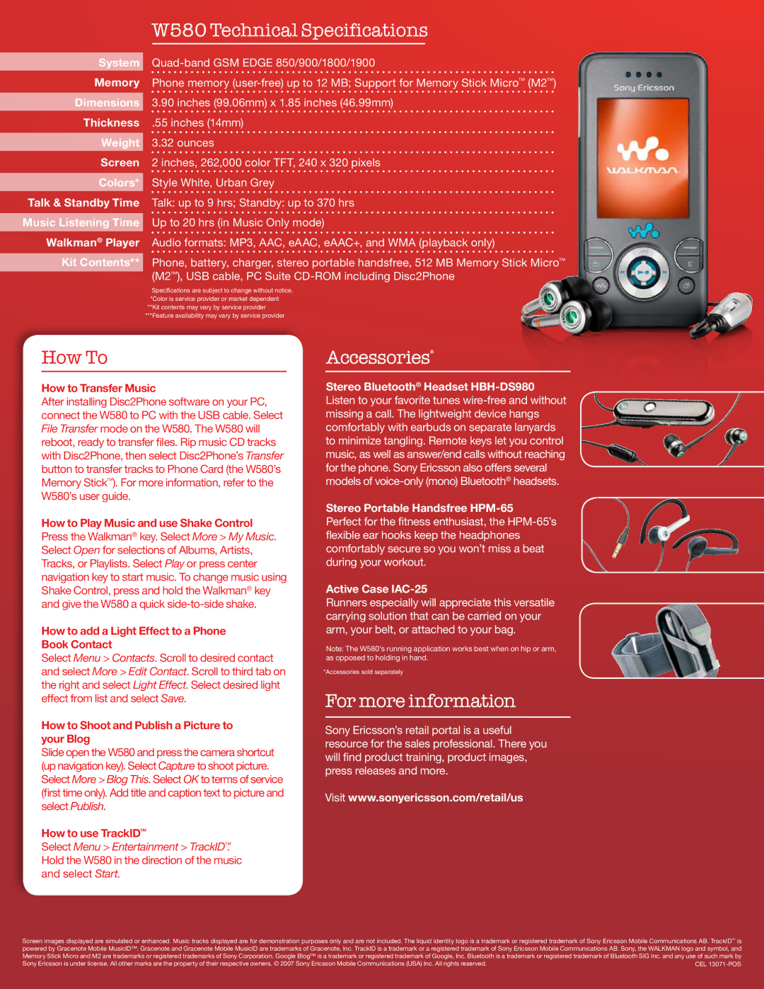 Sony Ericsson manual W580 Technical Specifications, Accessories, For more information, Stereo Portable Handsfree HPM-65 