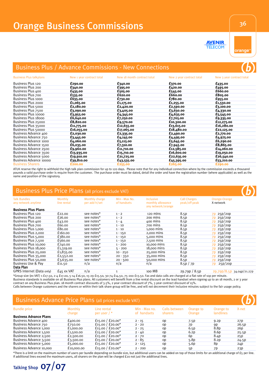 Sony Ericsson W580i manual Orange Business Commissions, Business Plus / Advance Commissions New Connections 