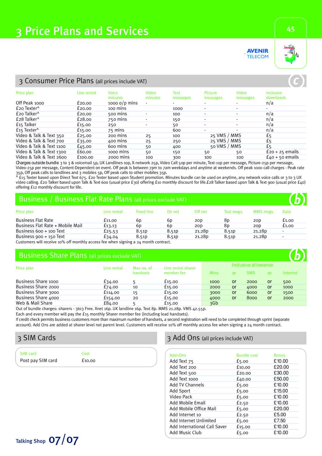 Sony Ericsson W580i manual Price Plans and Services, Business / Business Flat Rate Plans all prices exclude VAT, SIM Cards 