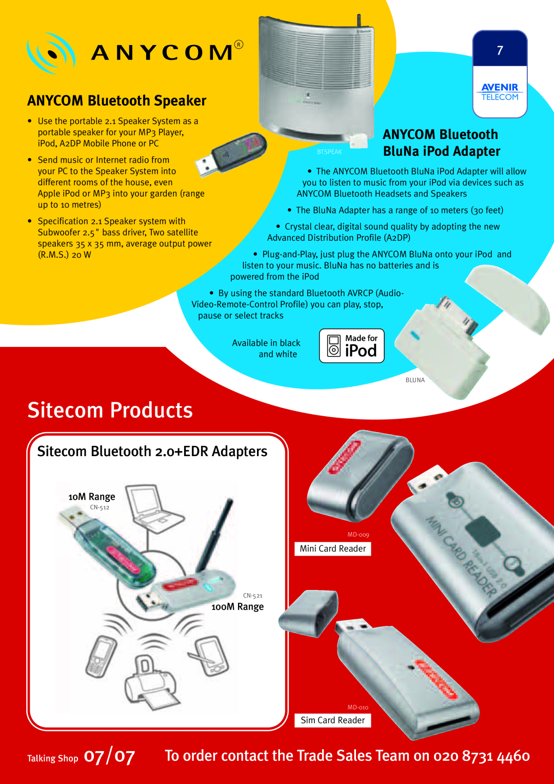 Sony Ericsson W580i ANYCOM Bluetooth Speaker, Sitecom Bluetooth 2.0+EDR Adapters, BluNa iPod Adapter, Sitecom Products 
