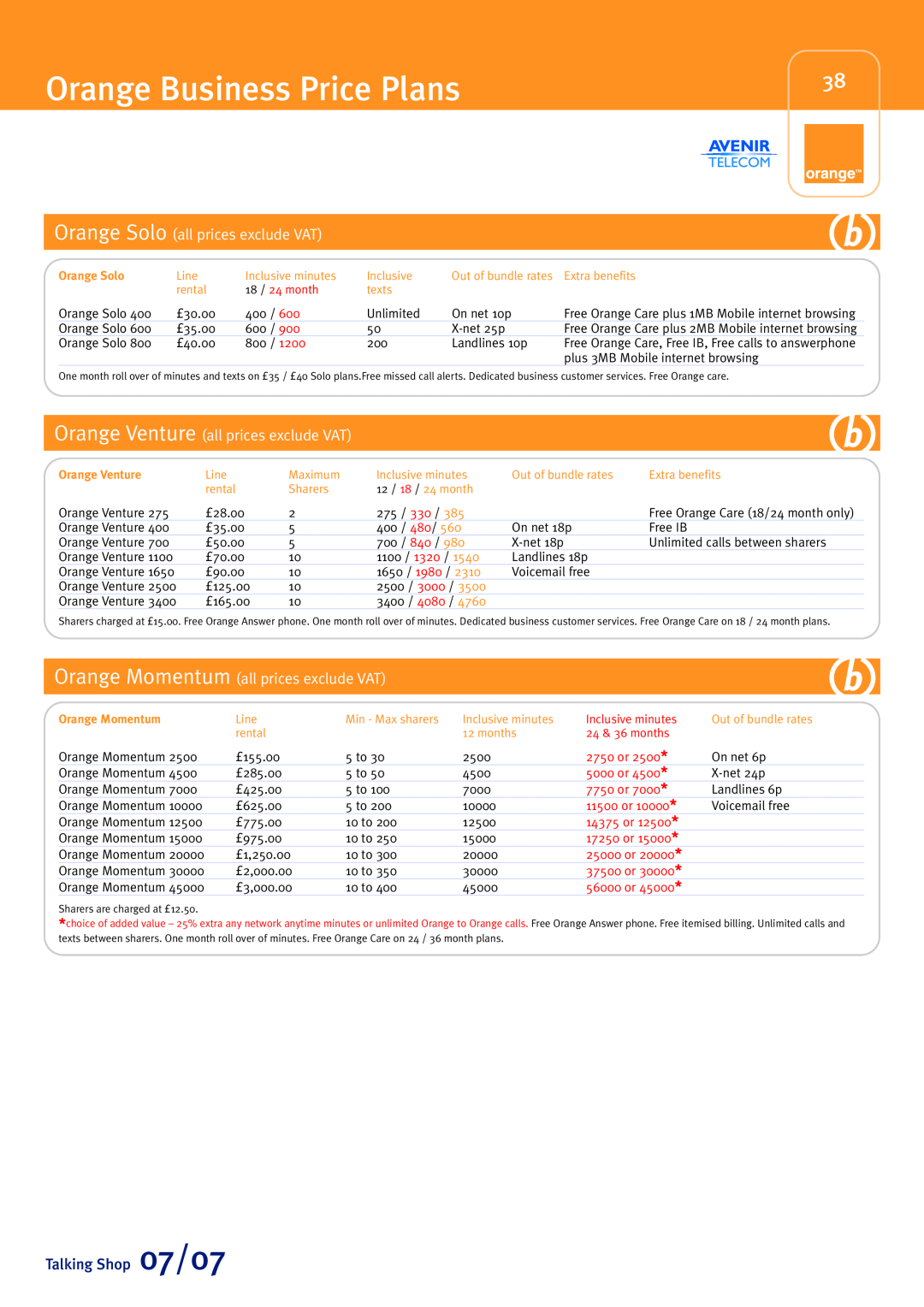 Sony Ericsson W580i Orange Business Price Plans, Orange Solo all prices exclude VAT, Orange Venture all prices exclude VAT 