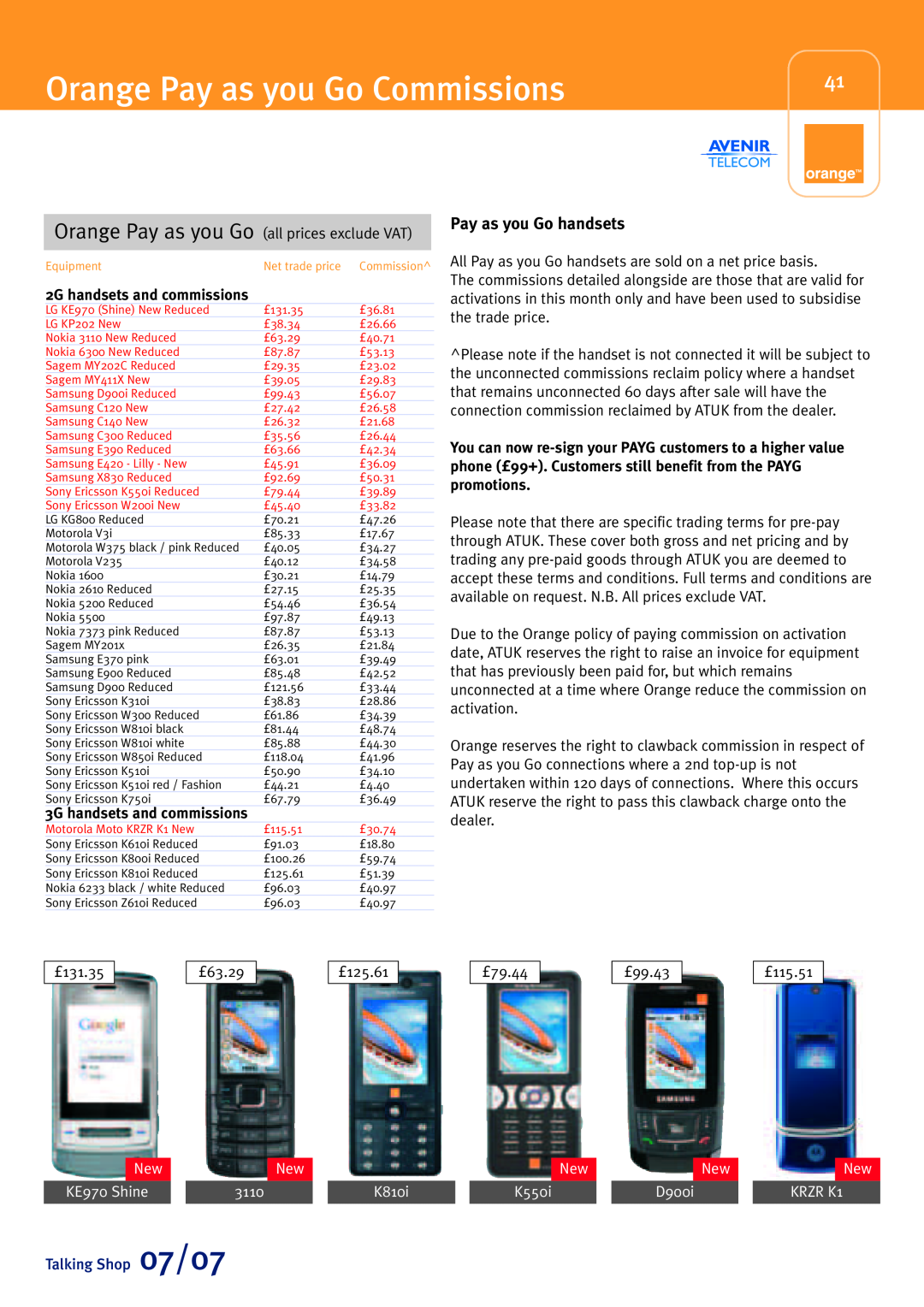 Sony Ericsson W580i Orange Pay as you Go Commissions, Pay as you Go handsets, 2G handsets and commissions, NewNew, 3110 