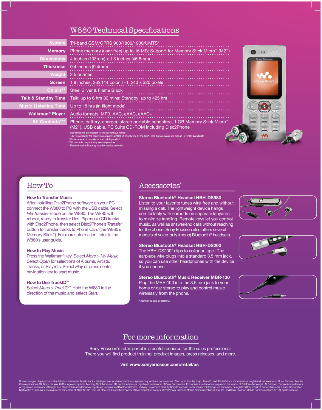 Sony Ericsson W880 Technical Specifications, Accessories, For more information, Stereo Bluetooth Headset HBH-DS200 