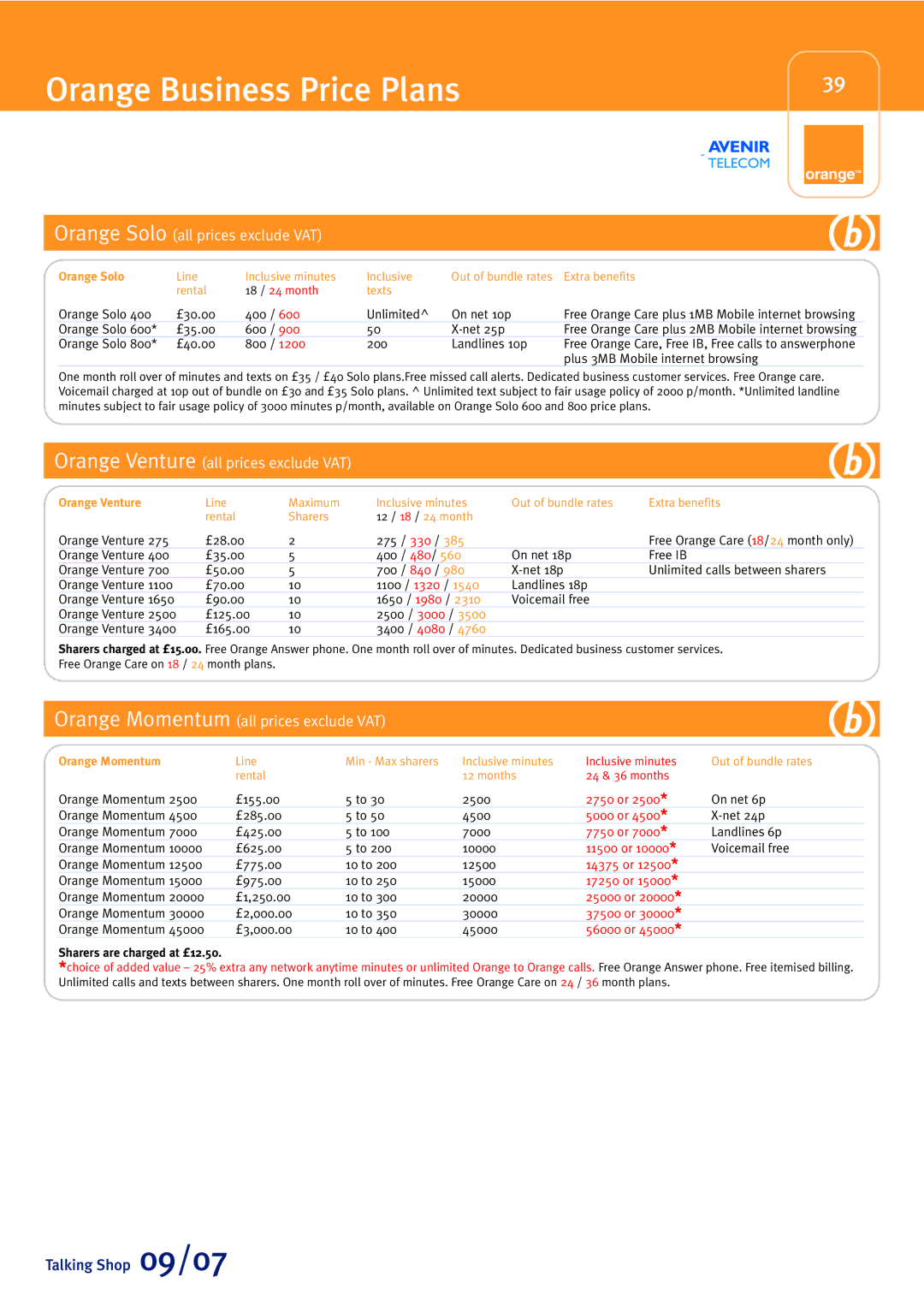 Sony Ericsson W880i Orange Business Price Plans, Orange Solo all prices exclude VAT, Orange Venture all prices exclude VAT 