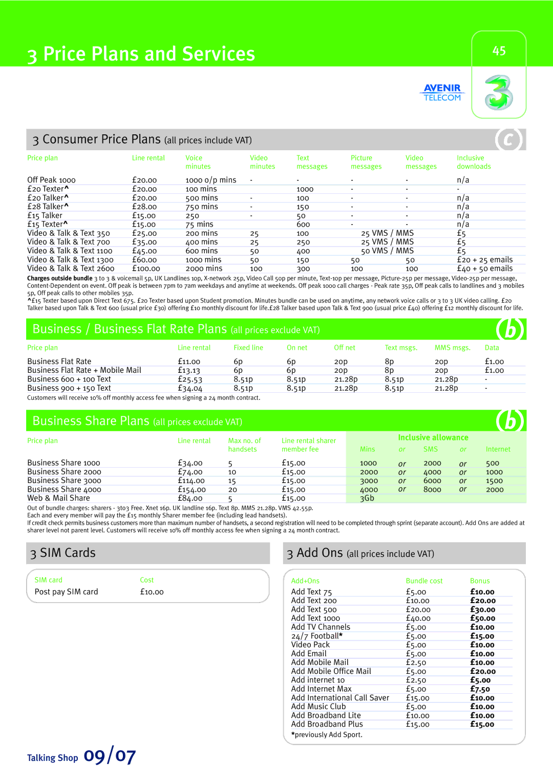 Sony Ericsson W880i Price Plans and Services, Business / Business Flat Rate Plans all prices exclude VAT, SIM Cards, £7.50 