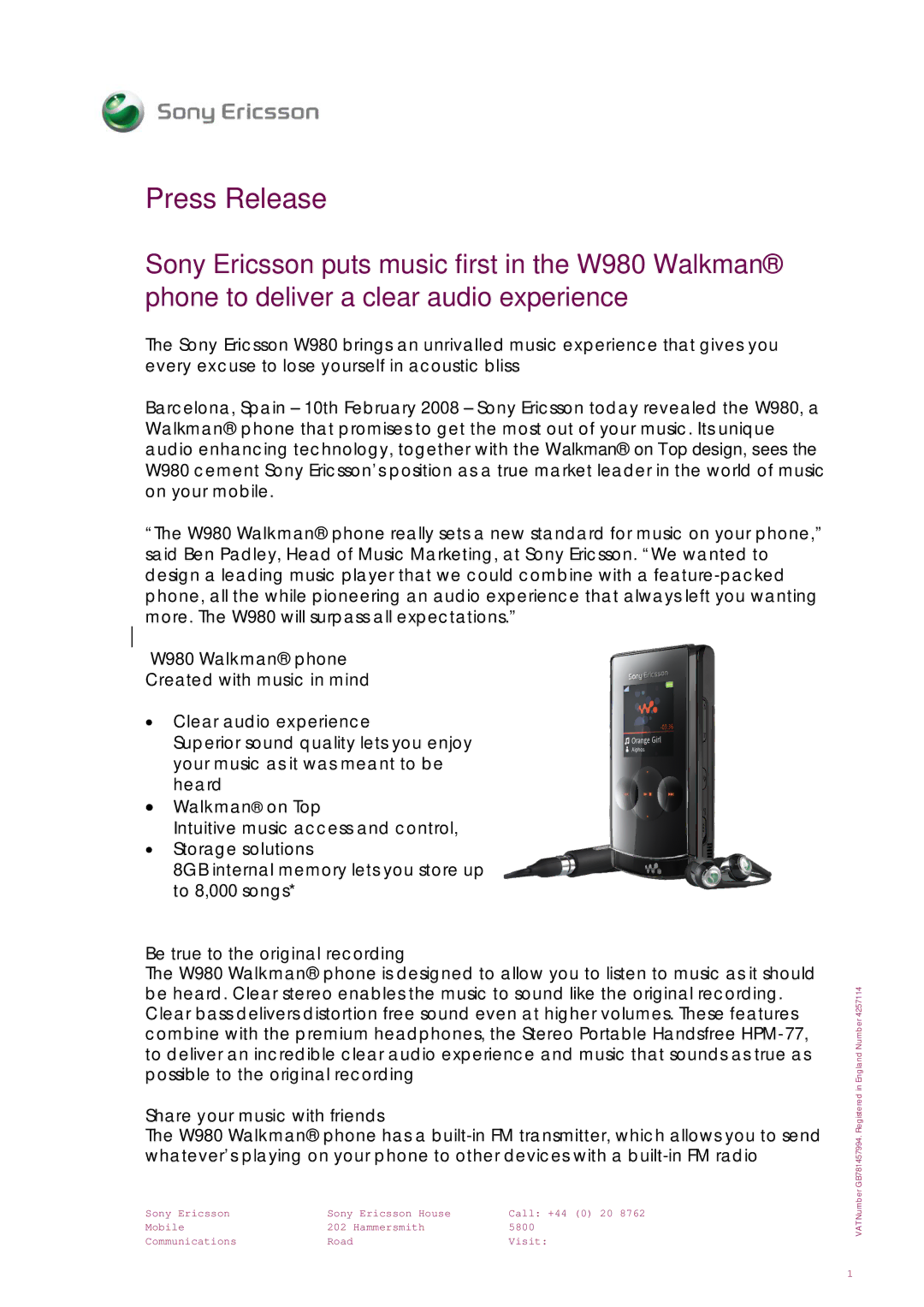 Sony Ericsson W980 manual · Walkman on Top, · Storage solutions, Be true to the original recording 