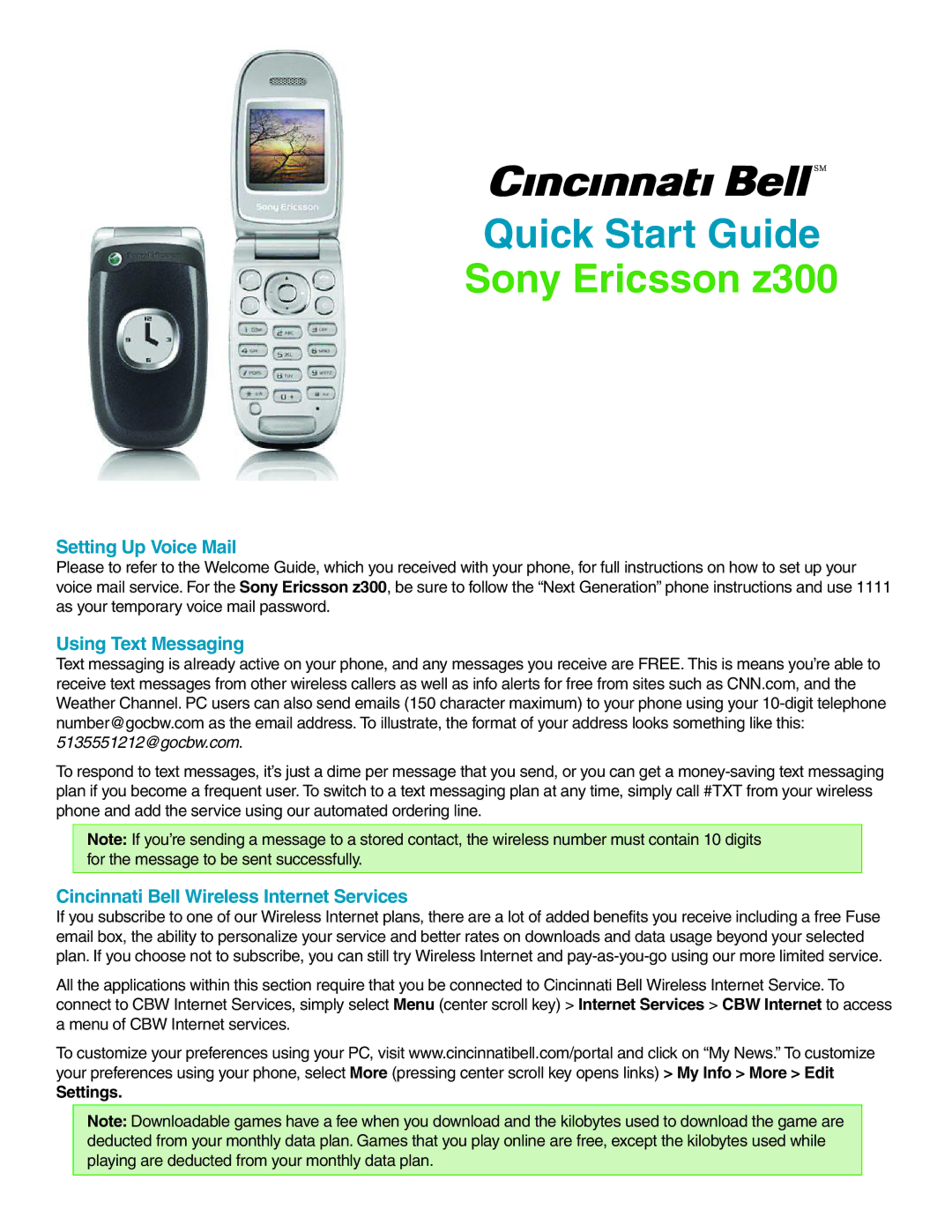 Sony Ericsson Z300 quick start Setting Up Voice Mail, Using Text Messaging, Cincinnati Bell Wireless Internet Services 