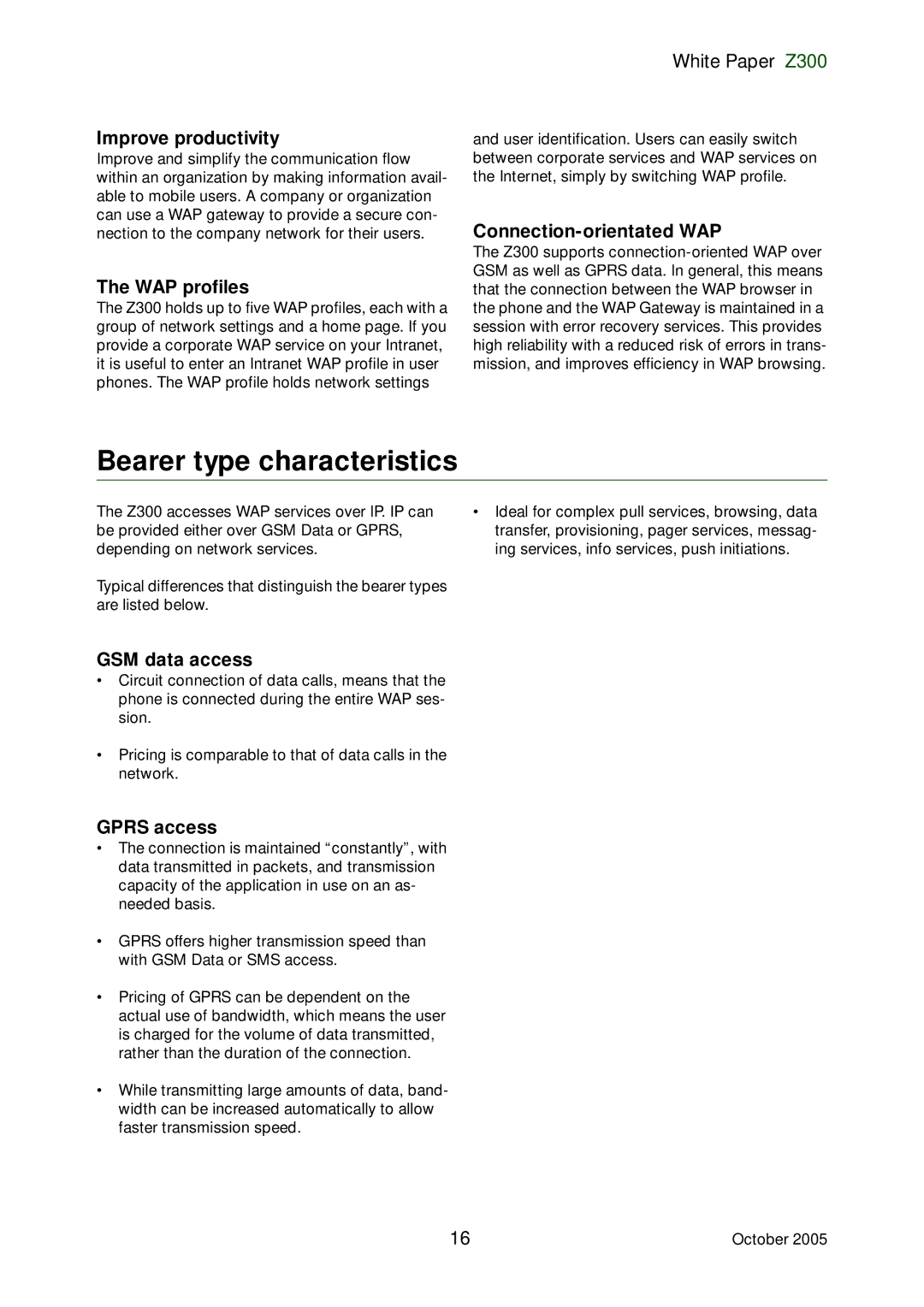 Sony Ericsson Z300 manual Bearer type characteristics 