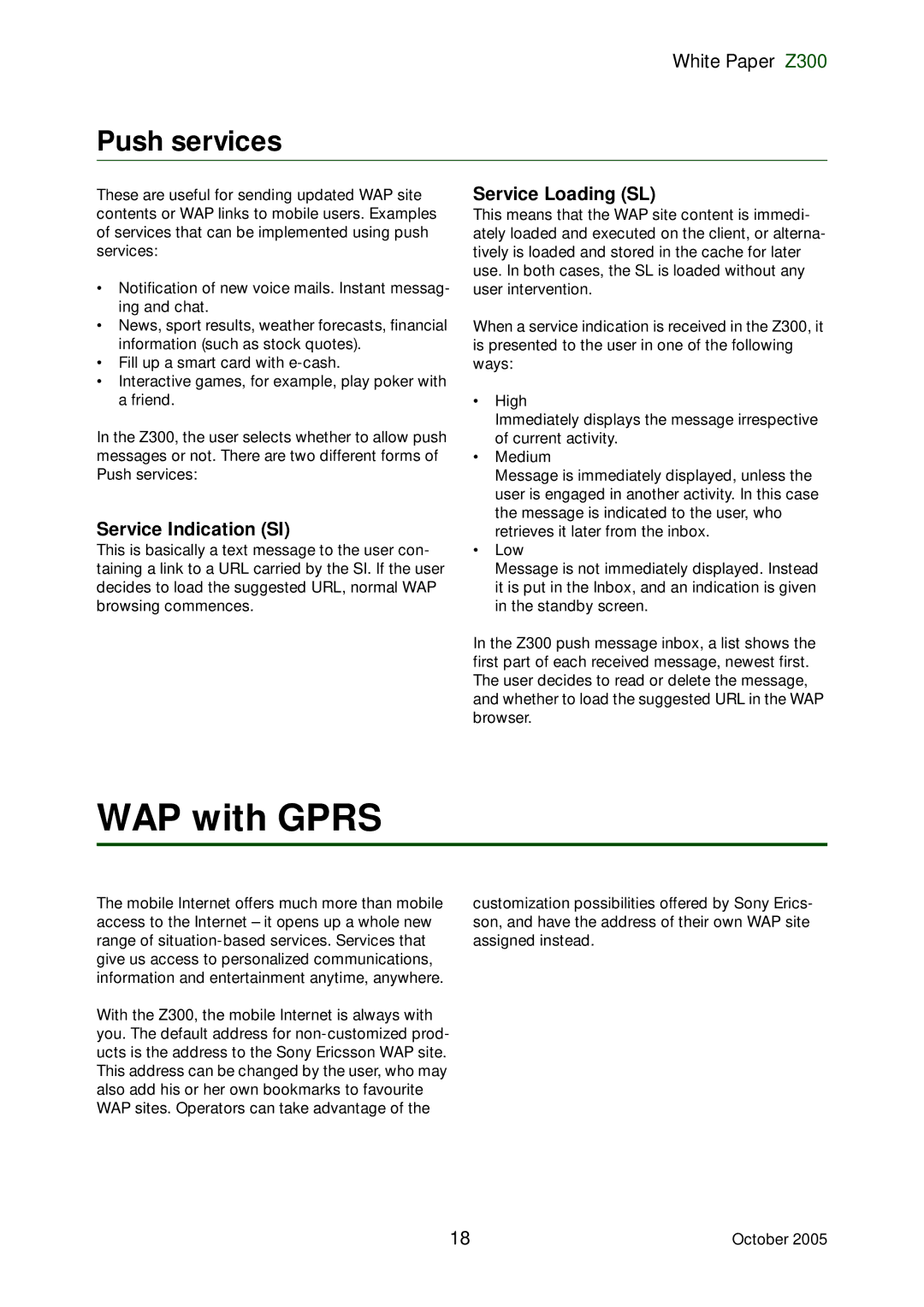 Sony Ericsson Z300 manual WAP with Gprs, Push services, Service Indication SI, Service Loading SL 