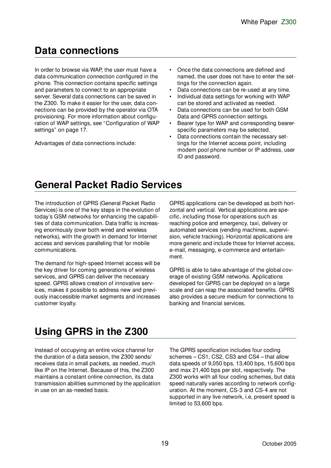 Sony Ericsson manual Data connections, General Packet Radio Services, Using Gprs in the Z300 