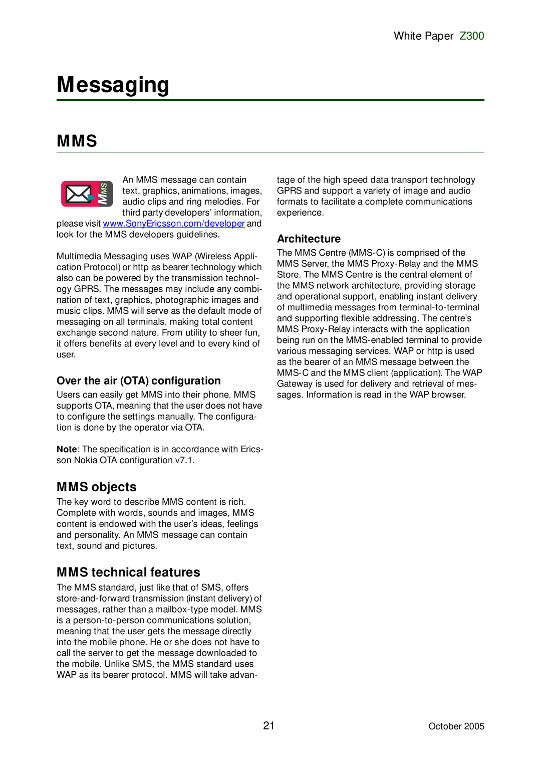 Sony Ericsson Z300 manual Messaging, Over the air OTA configuration, Architecture 