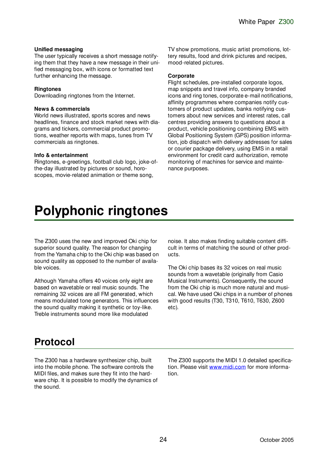 Sony Ericsson Z300 manual Polyphonic ringtones, Protocol 