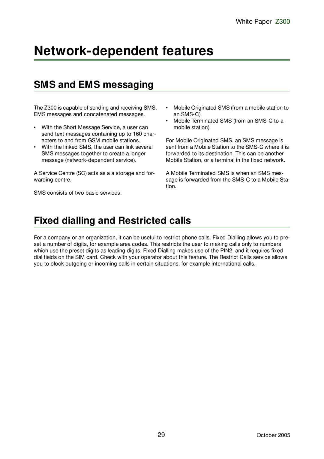 Sony Ericsson Z300 manual Network-dependent features, SMS and EMS messaging, Fixed dialling and Restricted calls 