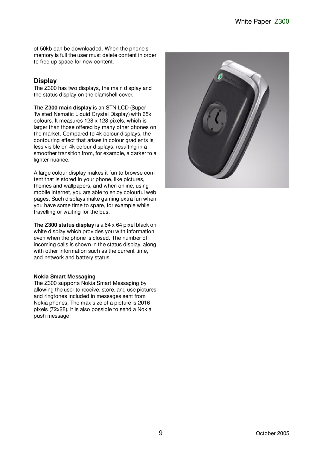 Sony Ericsson Z300 manual Display, Nokia Smart Messaging 