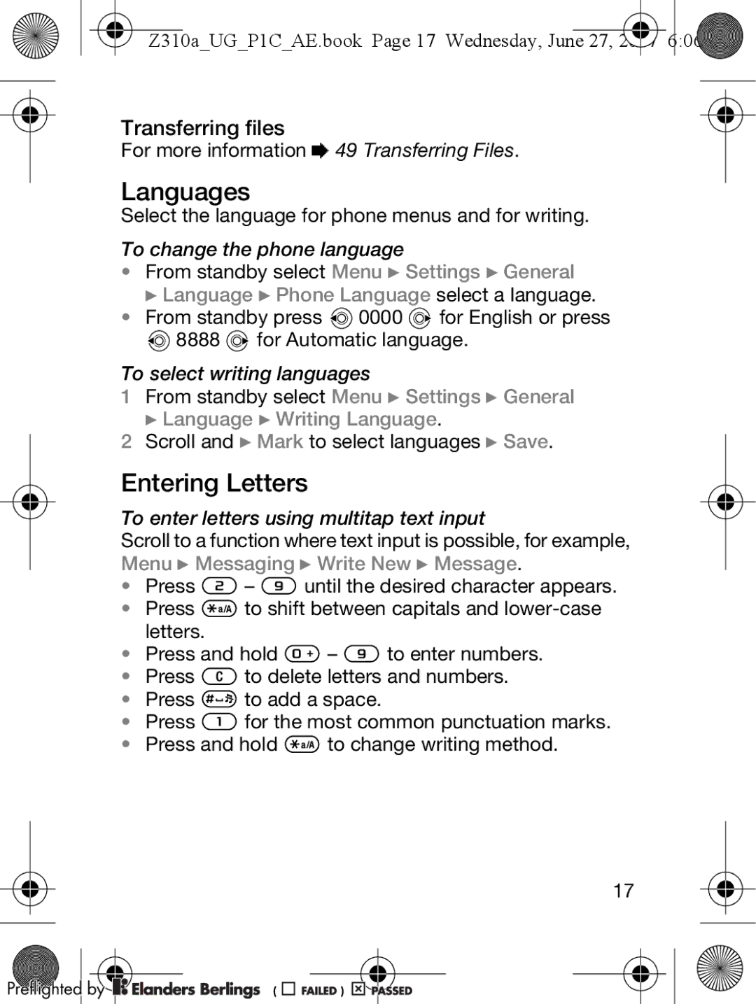 Sony Ericsson manual Languages, Entering Letters, Transferring files, Z310aUGP1CAE.book Page 17 Wednesday, June 27 