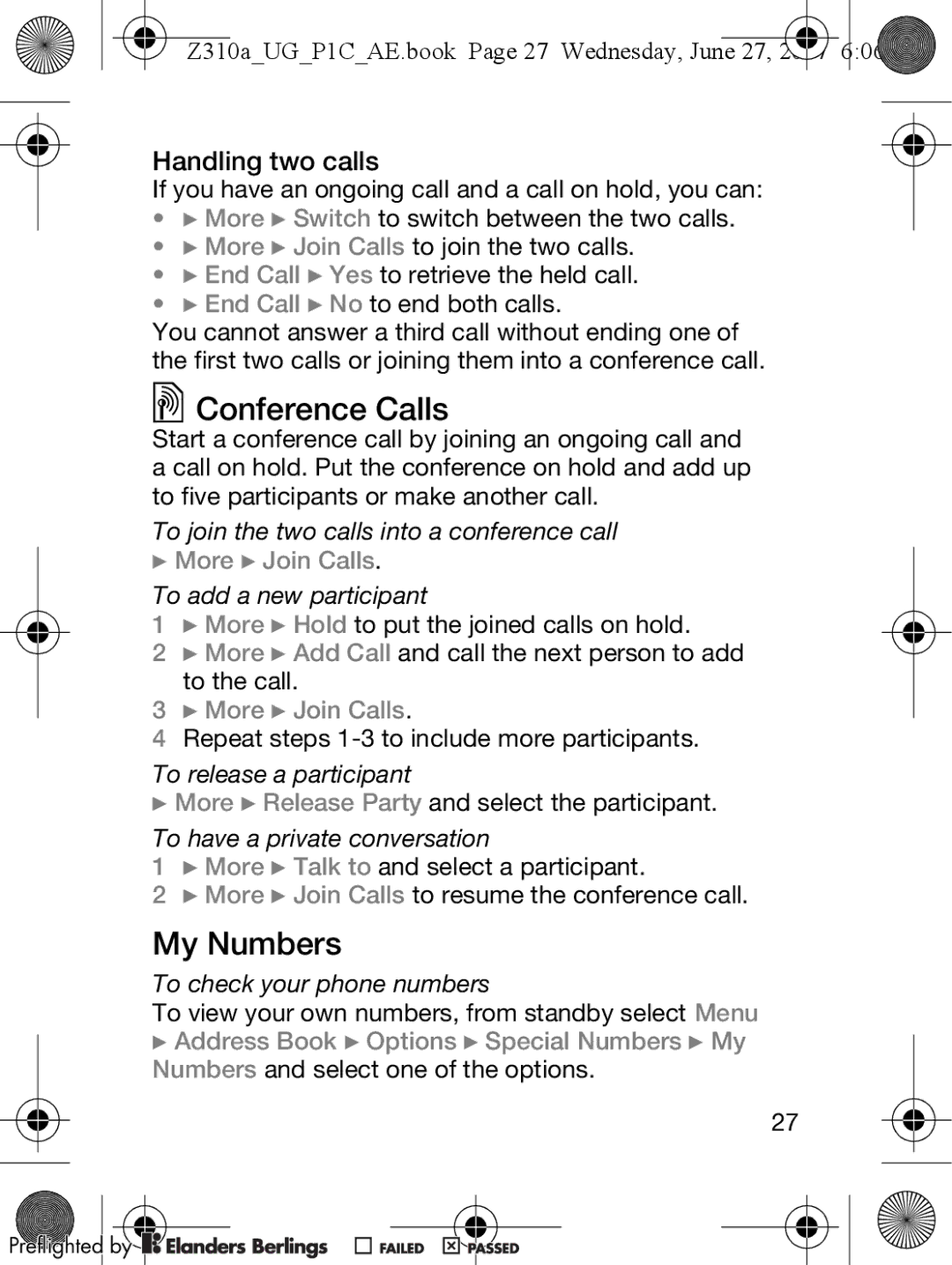 Sony Ericsson manual Conference Calls, My Numbers, Handling two calls, Z310aUGP1CAE.book Page 27 Wednesday, June 27 