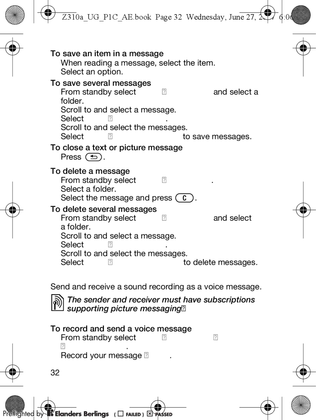 Sony Ericsson manual Voice Messages, Z310aUGP1CAE.book Page 32 Wednesday, June 27, Select More Mark Several 