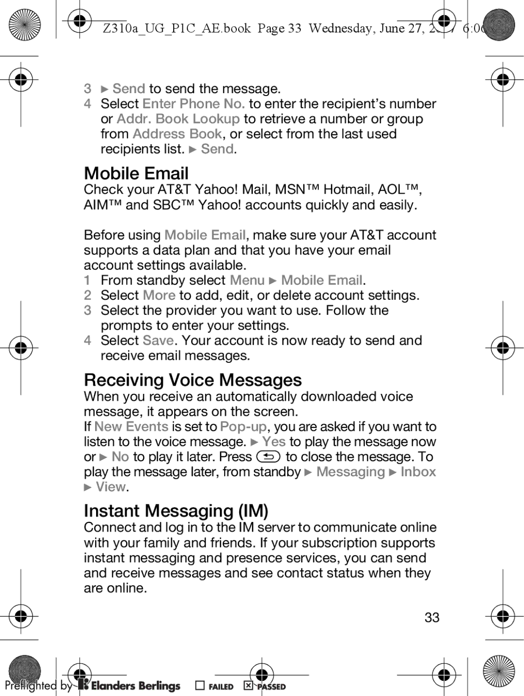 Sony Ericsson Z310a manual Mobile Email, Receiving Voice Messages, Instant Messaging IM, View 