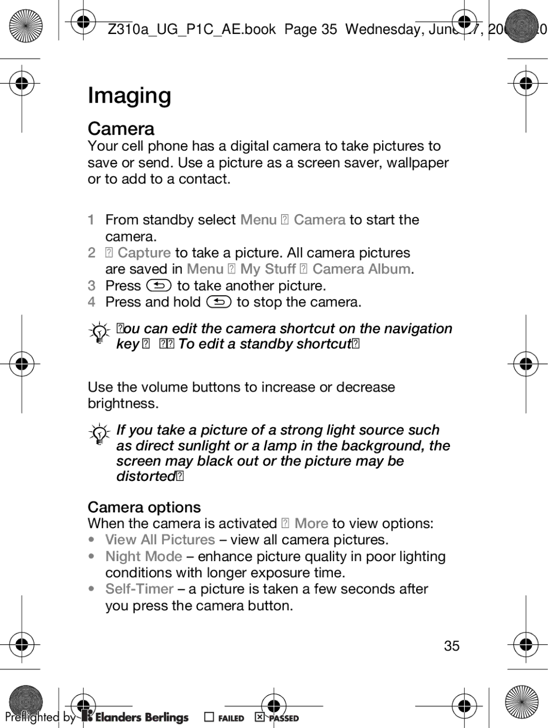 Sony Ericsson manual Imaging, Camera options, Z310aUGP1CAE.book Page 35 Wednesday, June 27 