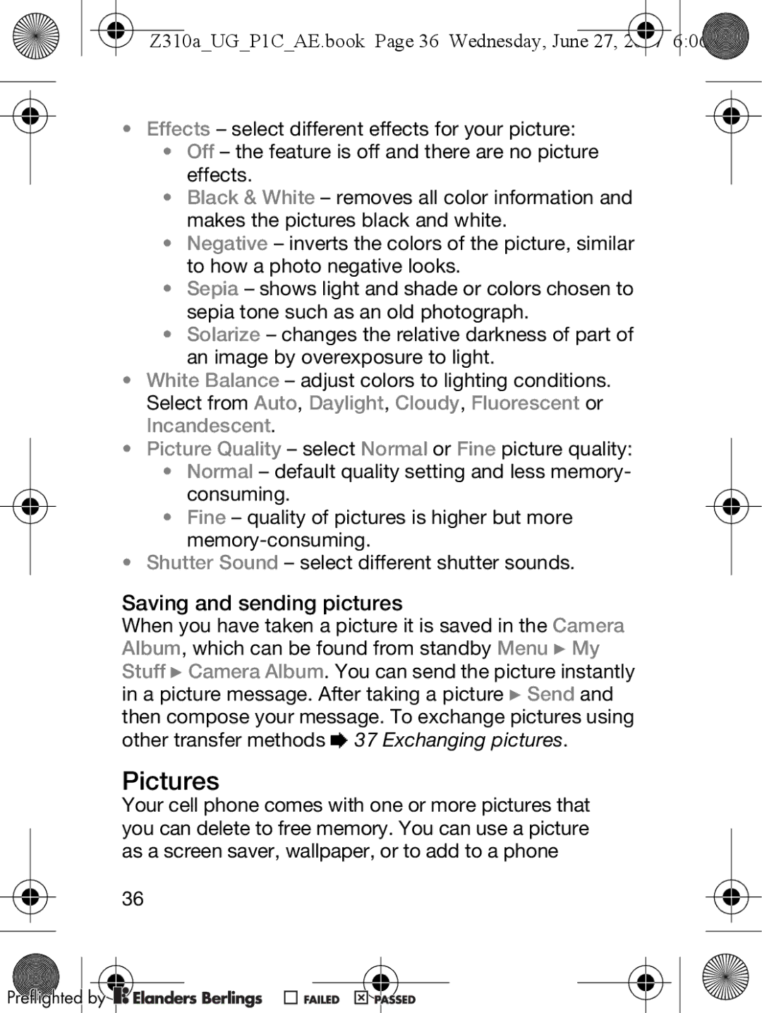 Sony Ericsson manual Pictures, Saving and sending pictures, Z310aUGP1CAE.book Page 36 Wednesday, June 27 