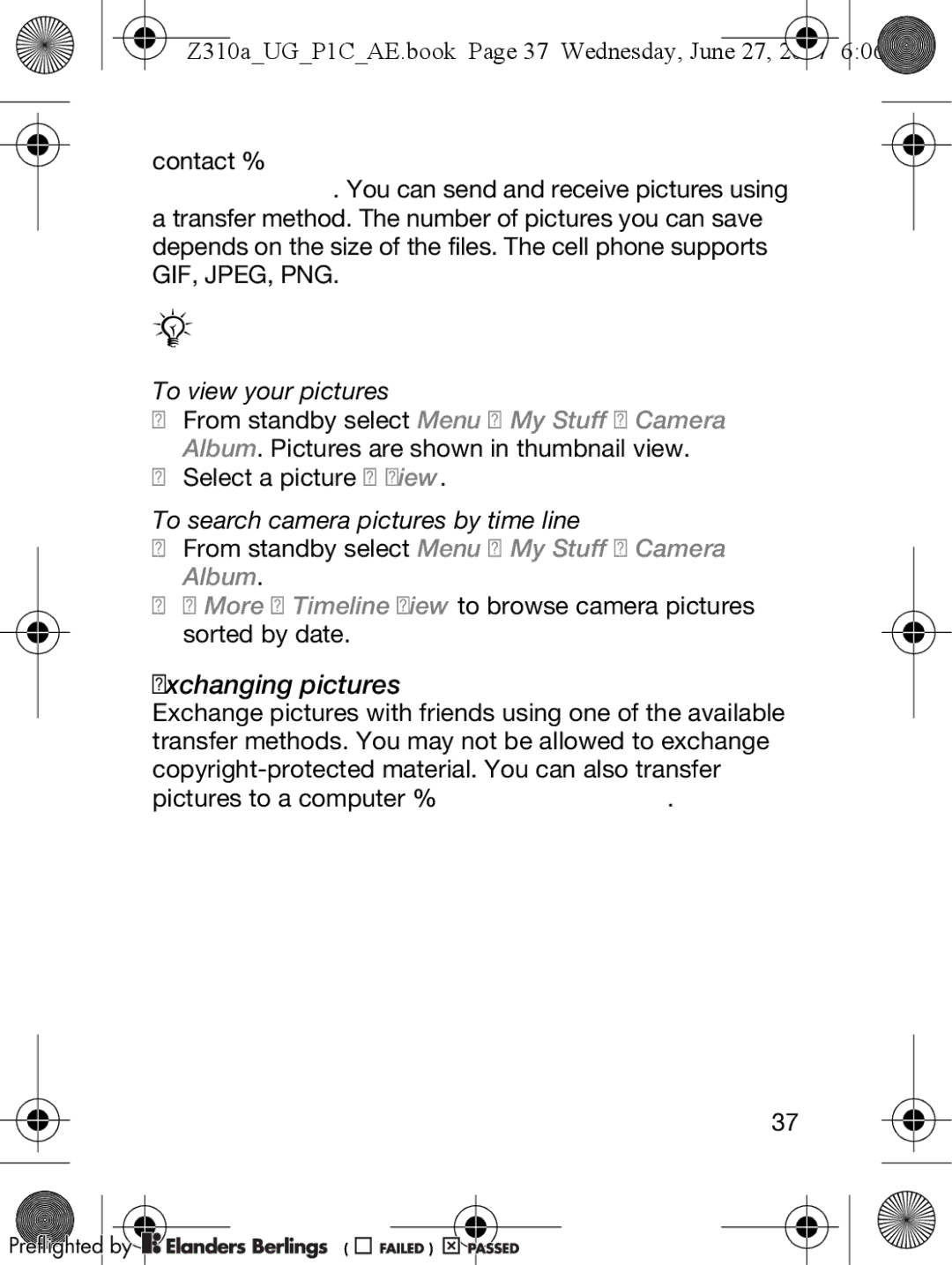 Sony Ericsson manual Exchanging pictures, Z310aUGP1CAE.book Page 37 Wednesday, June 27 