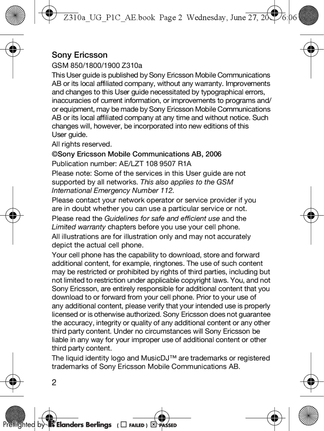 Sony Ericsson manual Z310aUGP1CAE.book Page 2 Wednesday, June, Sony Ericsson 