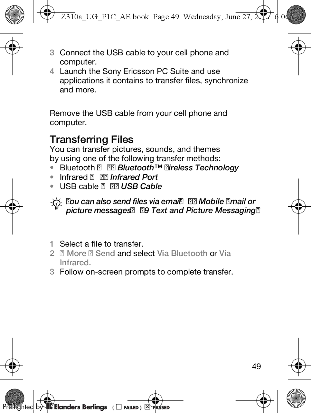 Sony Ericsson manual Transferring Files, Z310aUGP1CAE.book Page 49 Wednesday, June 27 