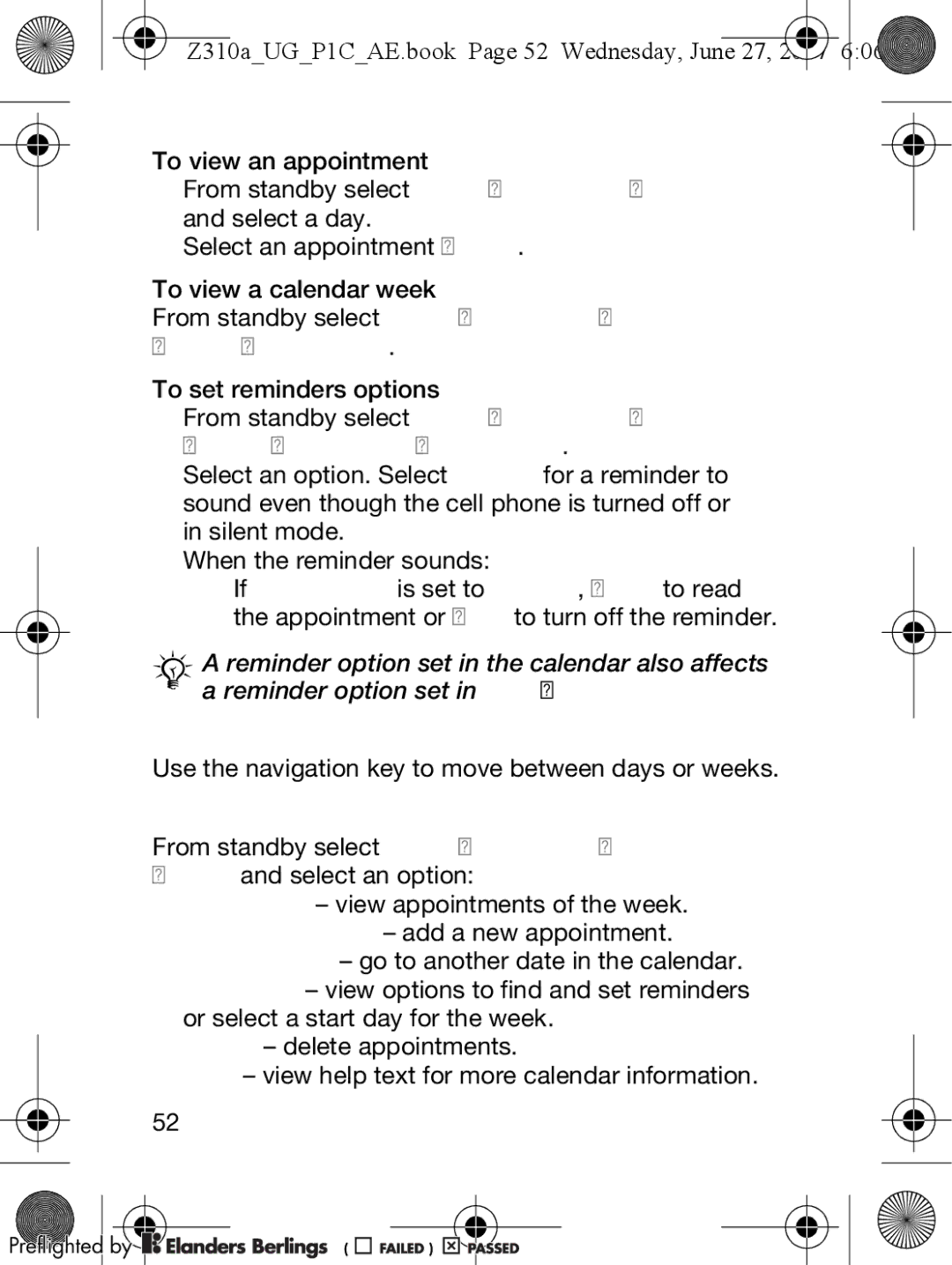 Sony Ericsson manual Navigating in your calendar, Calendar settings, Z310aUGP1CAE.book Page 52 Wednesday, June 27 