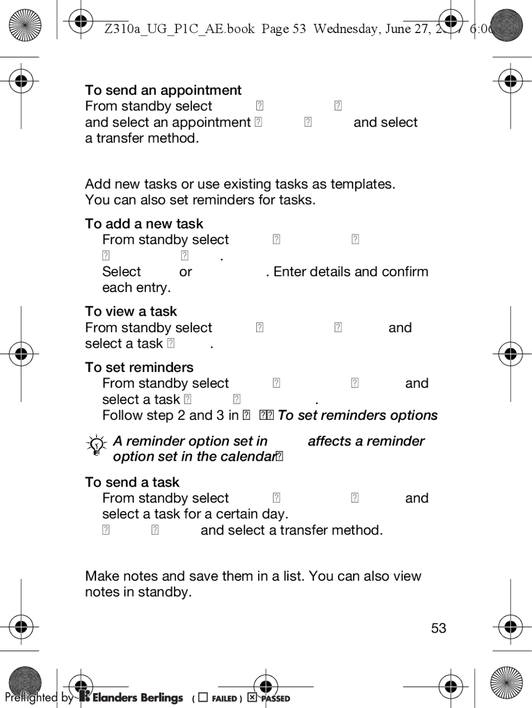 Sony Ericsson manual Tasks, Z310aUGP1CAE.book Page 53 Wednesday, June 27 