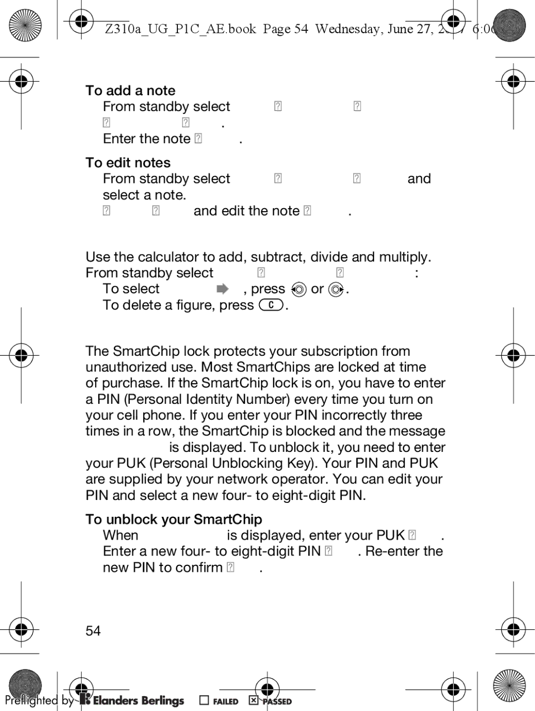 Sony Ericsson manual Calculator, SmartChip Lock, Z310aUGP1CAE.book Page 54 Wednesday, June 27 