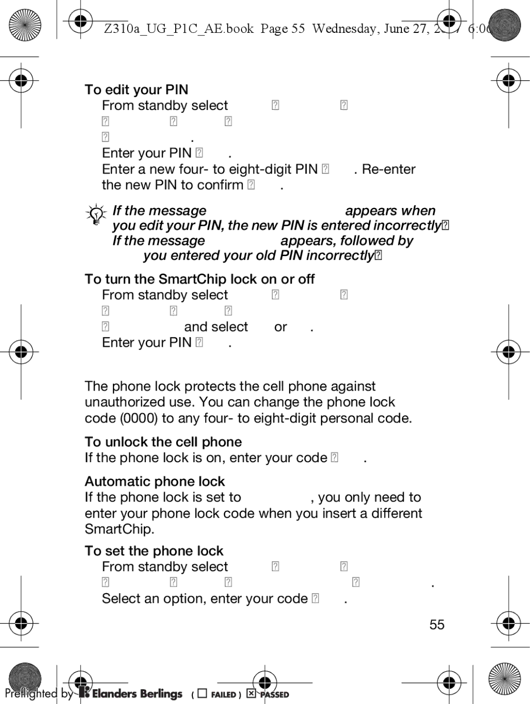 Sony Ericsson manual Phone Lock, Z310aUGP1CAE.book Page 55 Wednesday, June 27 