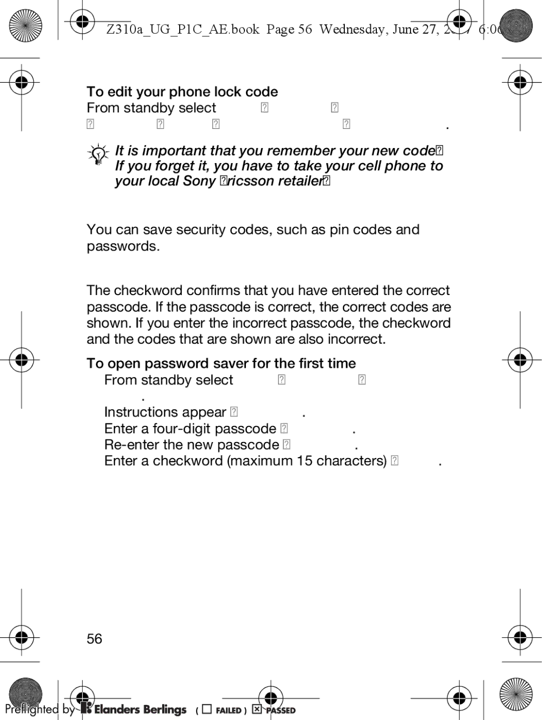 Sony Ericsson manual Password Saver, Checkword and security, Z310aUGP1CAE.book Page 56 Wednesday, June 27 