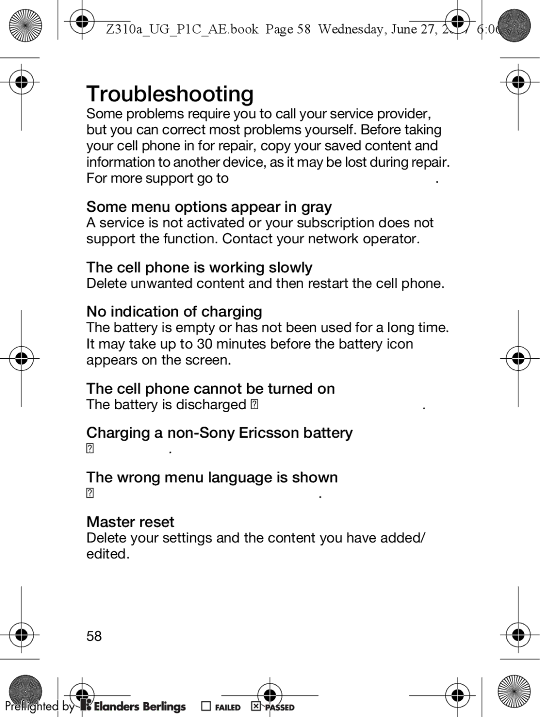 Sony Ericsson Z310a manual Troubleshooting 