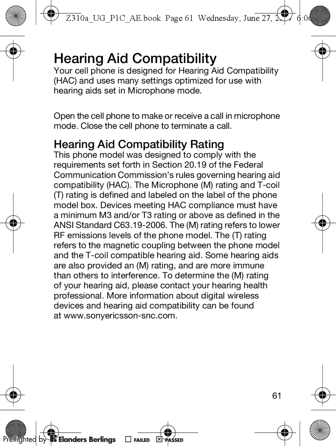 Sony Ericsson manual Hearing Aid Compatibility Rating, Z310aUGP1CAE.book Page 61 Wednesday, June 27 