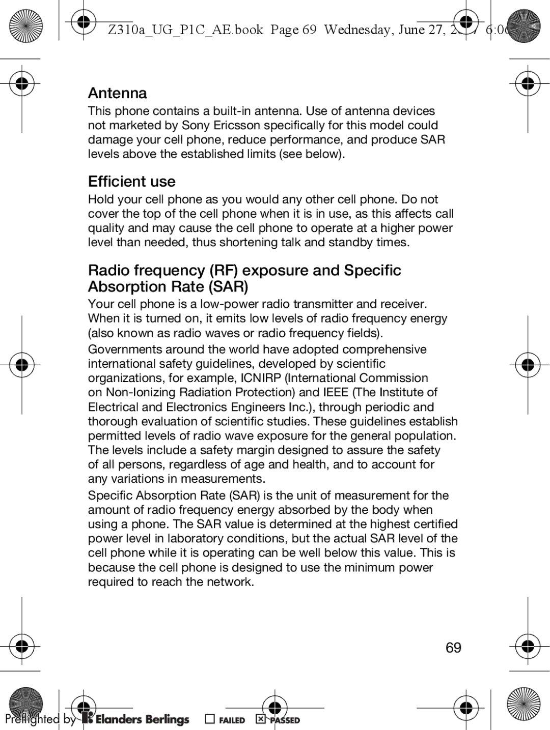 Sony Ericsson manual Antenna, Efficient use, Z310aUGP1CAE.book Page 69 Wednesday, June 27 