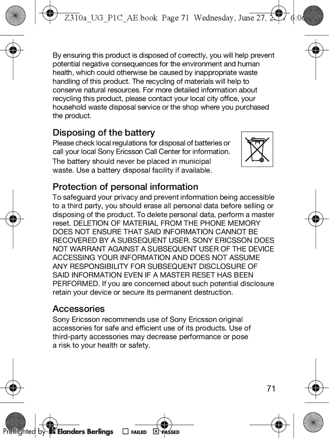 Sony Ericsson Z310a manual Disposing of the battery, Protection of personal information, Accessories 