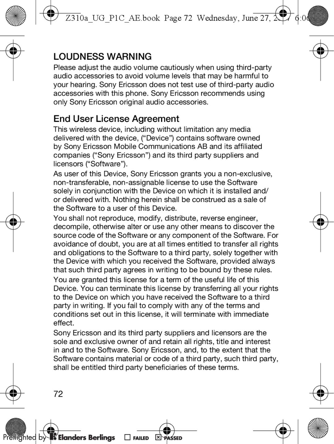 Sony Ericsson manual End User License Agreement, Z310aUGP1CAE.book Page 72 Wednesday, June 27 