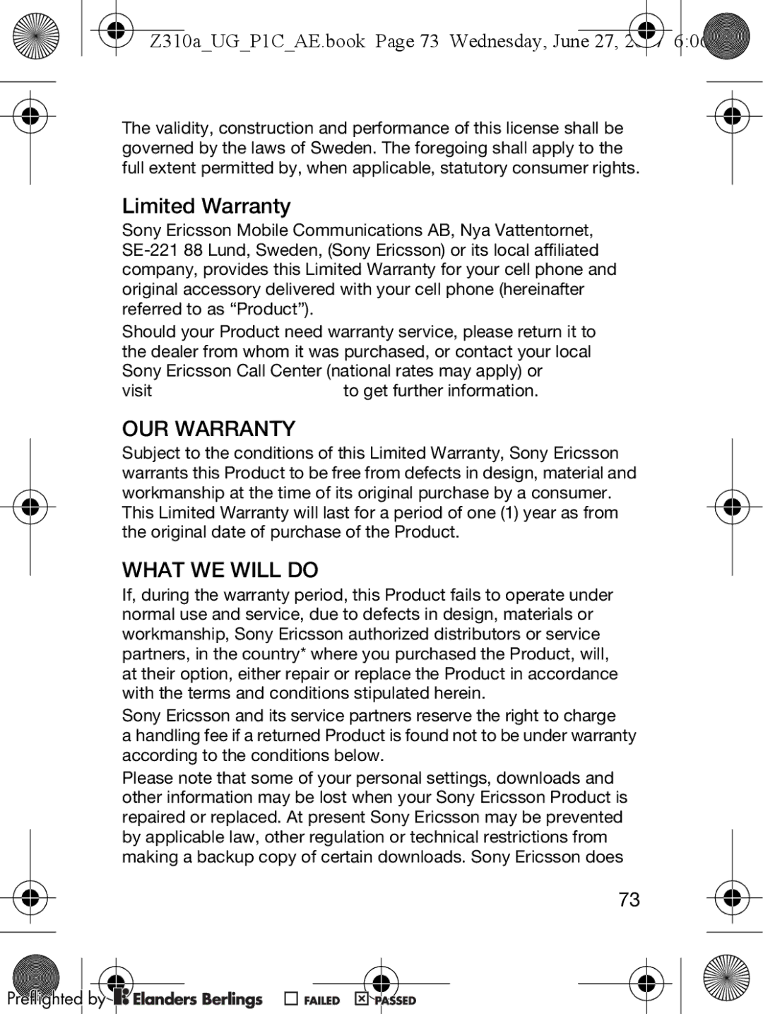 Sony Ericsson manual Limited Warranty, Z310aUGP1CAE.book Page 73 Wednesday, June 27 