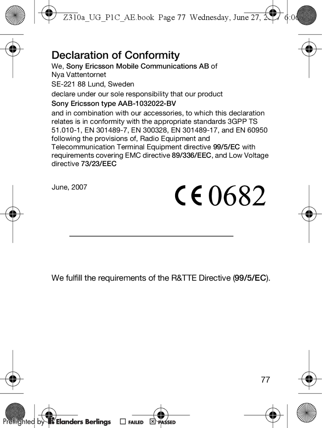 Sony Ericsson manual Declaration of Conformity, Z310aUGP1CAE.book Page 77 Wednesday, June 27 