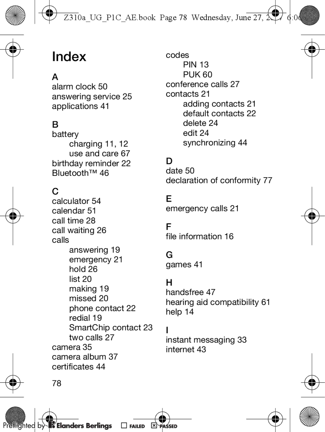 Sony Ericsson manual Index, Z310aUGP1CAE.book Page 78 Wednesday, June 27 